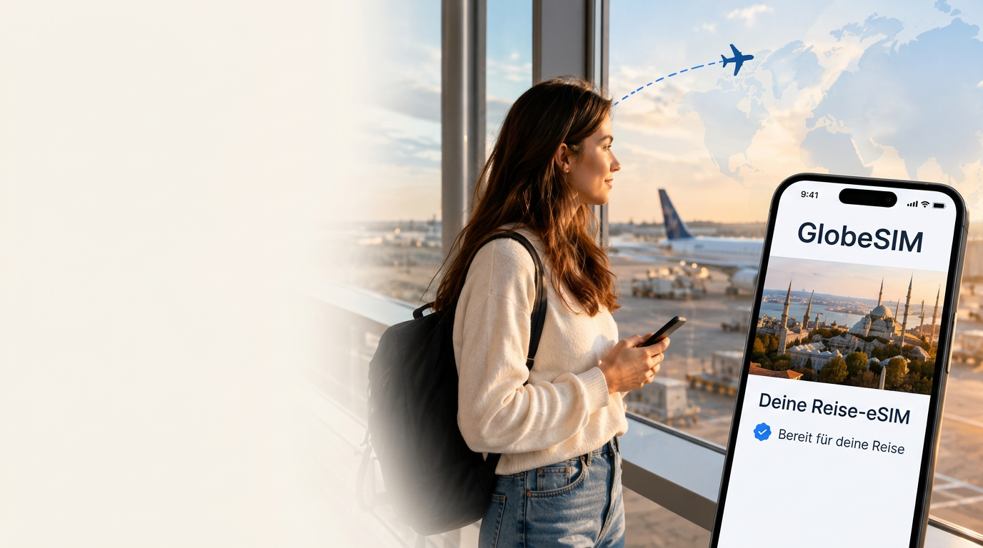 Reisende am Flughafen mit Smartphone und GlobeSIM Reise-eSIM